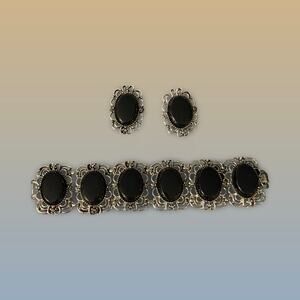 Vintage Emmons Bracelet & Earrings Set – Black Stone, Silver Tone
